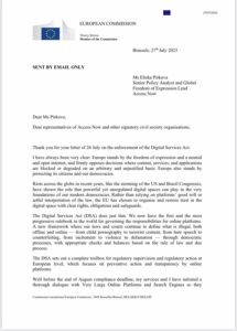 page one of letter to digital rights organisations from Commissioner Bretton