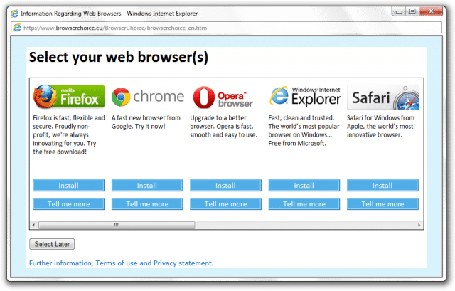 A "browser choice" window, displayed to Windows users around 2008.