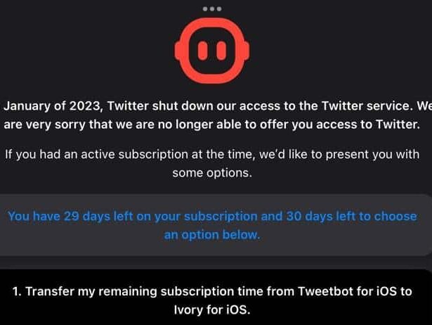 tweetbot's message to subscribers about twitter shutting down API access.