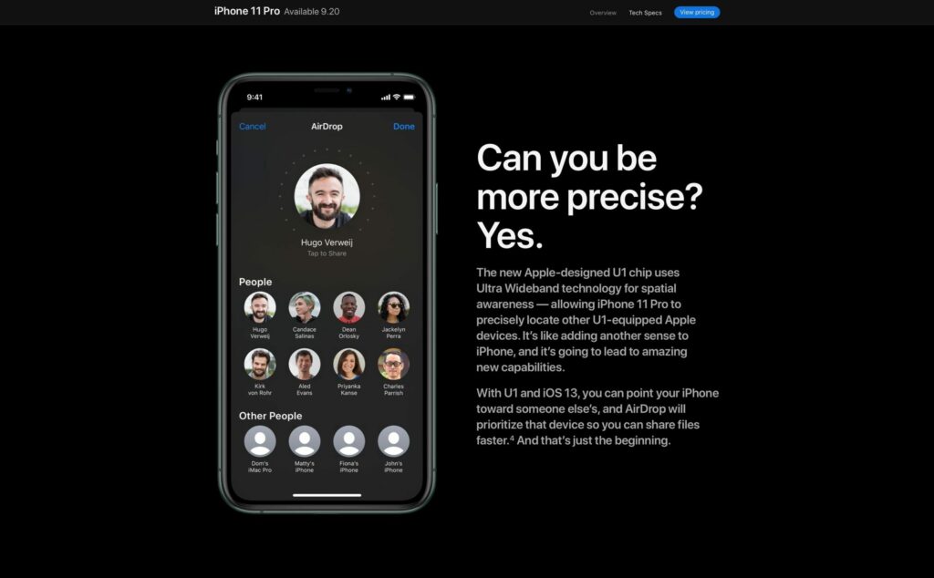 A screenshot of Apple's website promoting its ultra-wideband technology.